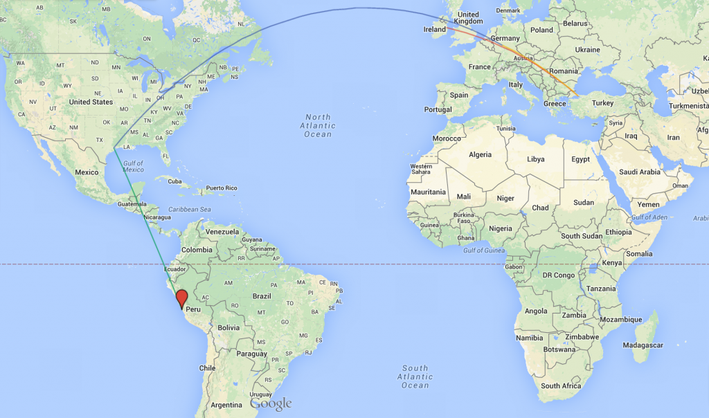 Peru yolculuğuna Dublin'den başladım (bilmeyenler için Dublin'de yaşadığımı hatırlatayım). Dublin'den doğrudan Amerika'ya uçmak yerine önce İstanbul'a uğrayıp birkaç günlük aile ziyaretini de uçuş planına ekleyince  4 ayrı uçak yolculuğu sonunda Peru'nun başkenti Lima'ya varabildim. Dublin - İstanbul - Frankfurt (aktarma) - Houston (aktarma) - Lima uçuşlarını haritada görebilirsiniz.