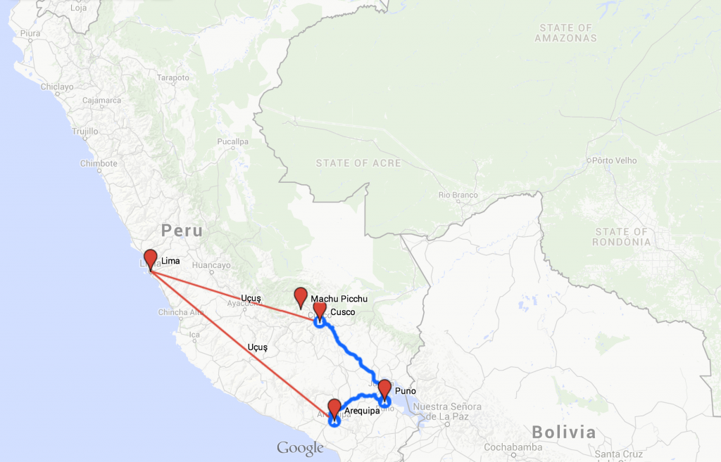 Lima'dan Arequipa'ya 1 saatlik uçak yolculuğu ile vardık. Areqiupa - Puno ve Puno - Cusco ulaşımlarını 6-7 saatlik otobüs yolculukları ile tamamladık. Cusco'dan Lima'ya ise yine 1 saatlik bir uçuşla geri döndük.